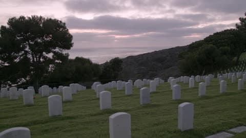 Cemetery With Many Similar Headstones Before Some Hills And A Tree On A Cloudy Day