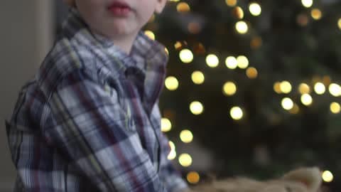 Little Boy Riding A Toy Pony Next To Christmas Tree